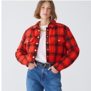 J Crew Cropped Puffer Jacket in Buffalo Check Red Plaid